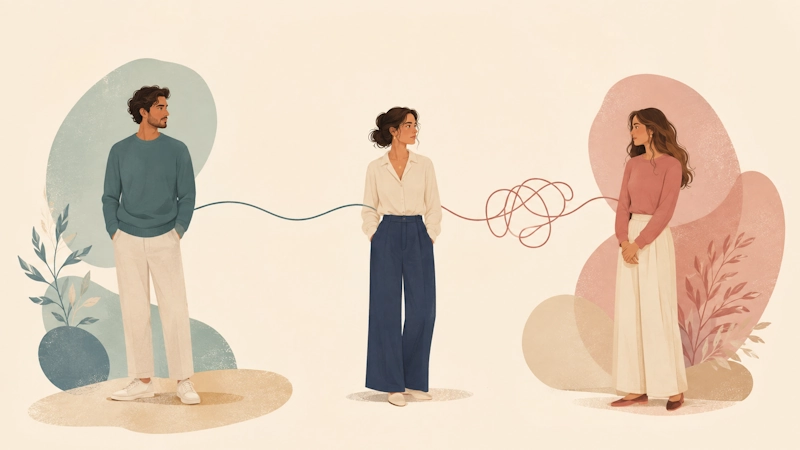 Una persona entre dos parejas, representando cómo las dinámicas de apego pueden variar entre relaciones.