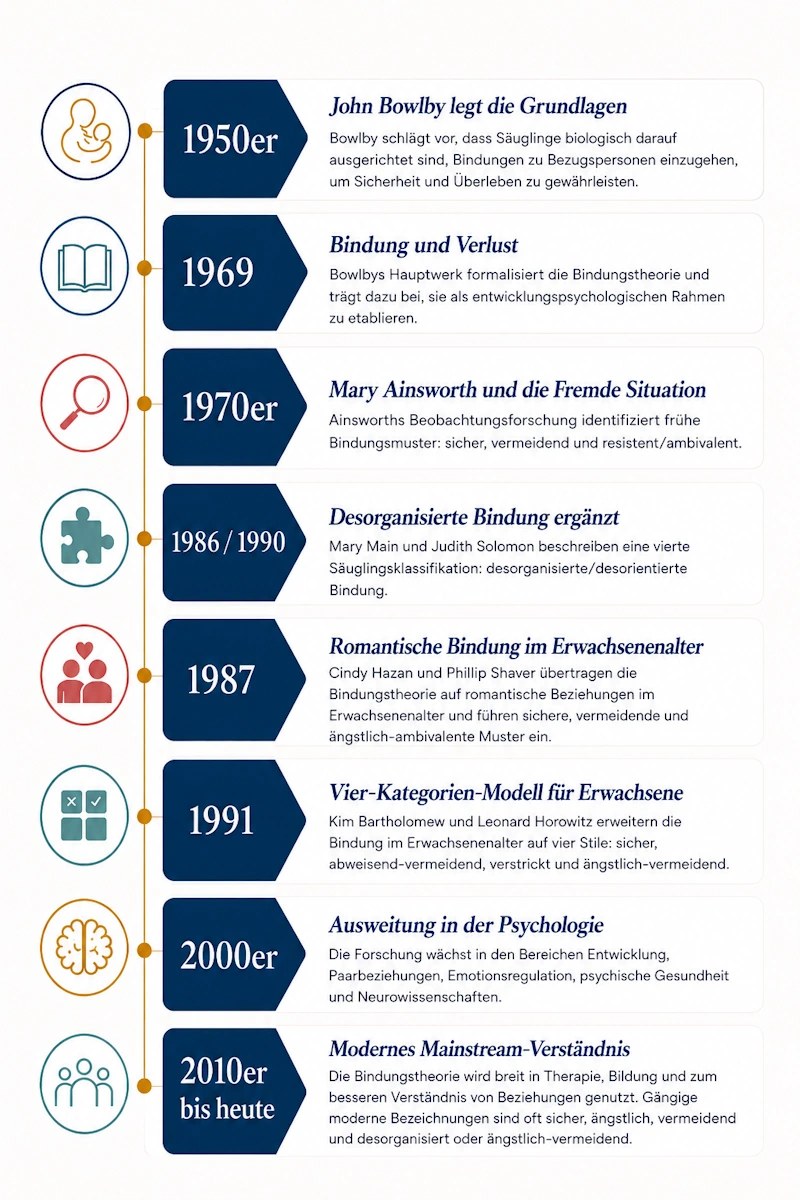 Zeitleiste der Entwicklung der Bindungstheorie, von Bowlbys frühen Arbeiten in den 1950er Jahren über Ainsworths „Strange Situation“ und die Erforschung der Erwachsenenbindung bis zu modernen Paartherapiemodellen.