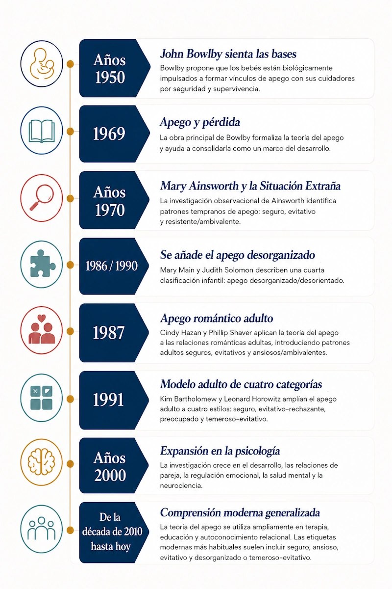 Cronología del desarrollo de la teoría del apego, desde los primeros trabajos de Bowlby en la década de 1950, pasando por la Situación Extraña de Ainsworth y la investigación del apego adulto, hasta los modelos modernos de terapia de pareja.