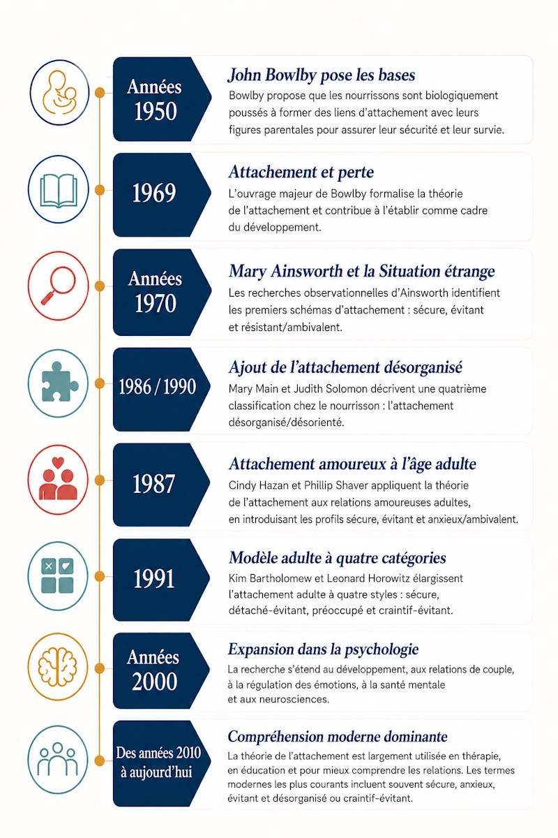 Chronologie du développement de la théorie de l'attachement, des premiers travaux de Bowlby dans les années 1950 à la « Situation étrange » d'Ainsworth, en passant par la recherche sur l'attachement adulte et les modèles modernes de thérapie de couple.