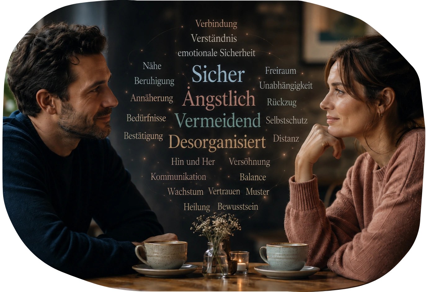 Illustration von zwei Menschen mit unterschiedlichen Bindungsstilen in einer Beziehung