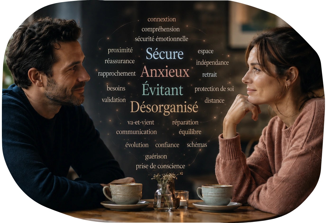 Illustration de deux personnes ayant des styles d'attachement différents dans une relation